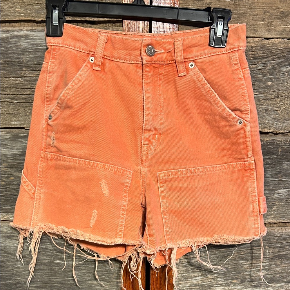 BDG Urban Outfitters Orange Cargo Shorts Sz 24 Frayed Hem Distressed High Rise